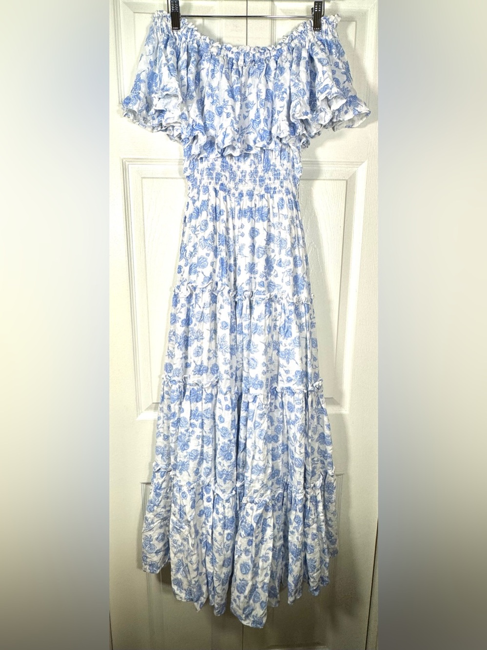 Mable x Anthropologie Rose Garden Tiered Ruffle Maxi/Midi Dress Blue Floral S - Picture 4 of 12